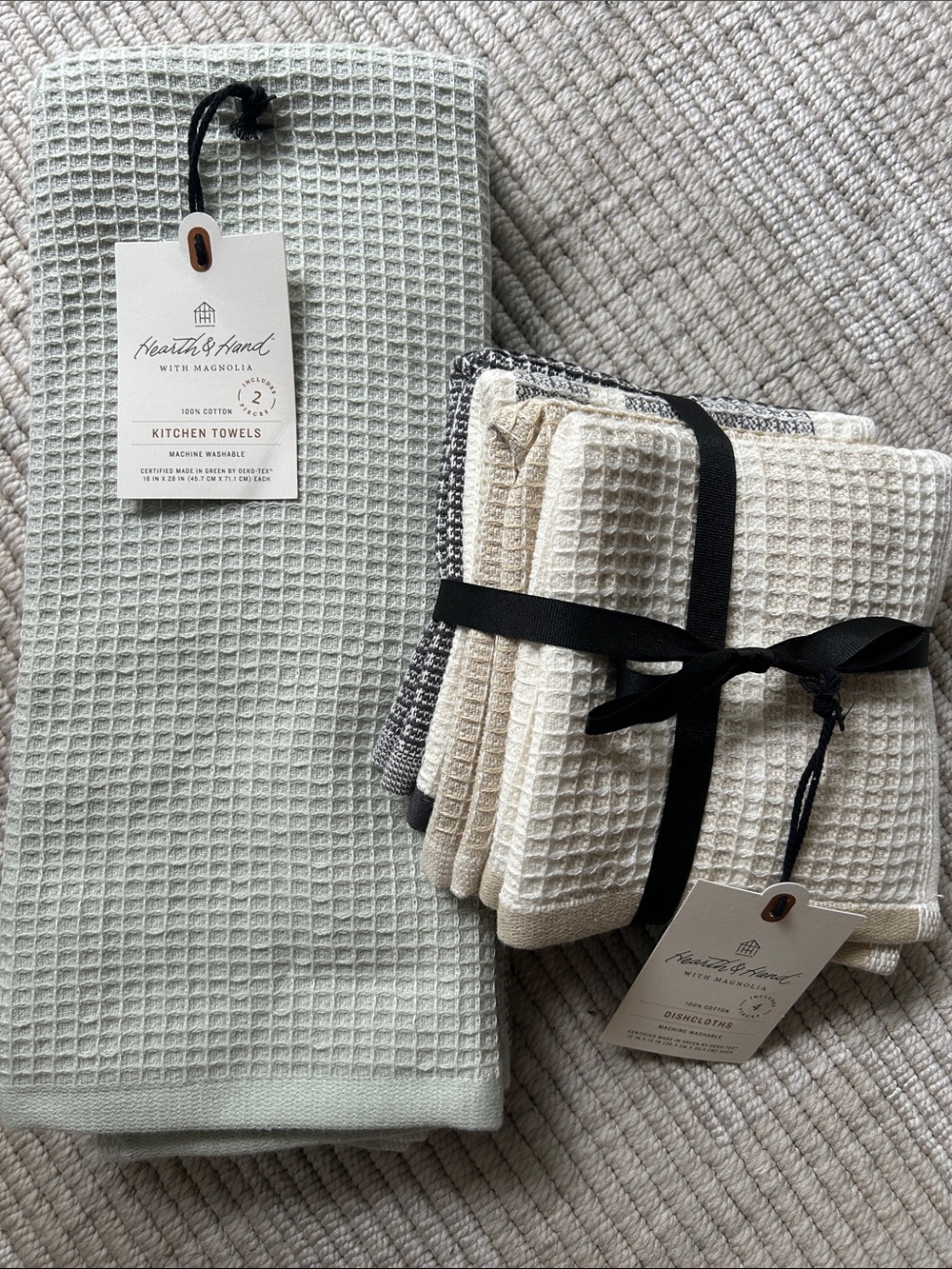 Hearth & Hand Waffle Kitchen Towels Set in Sage Green and Cream
